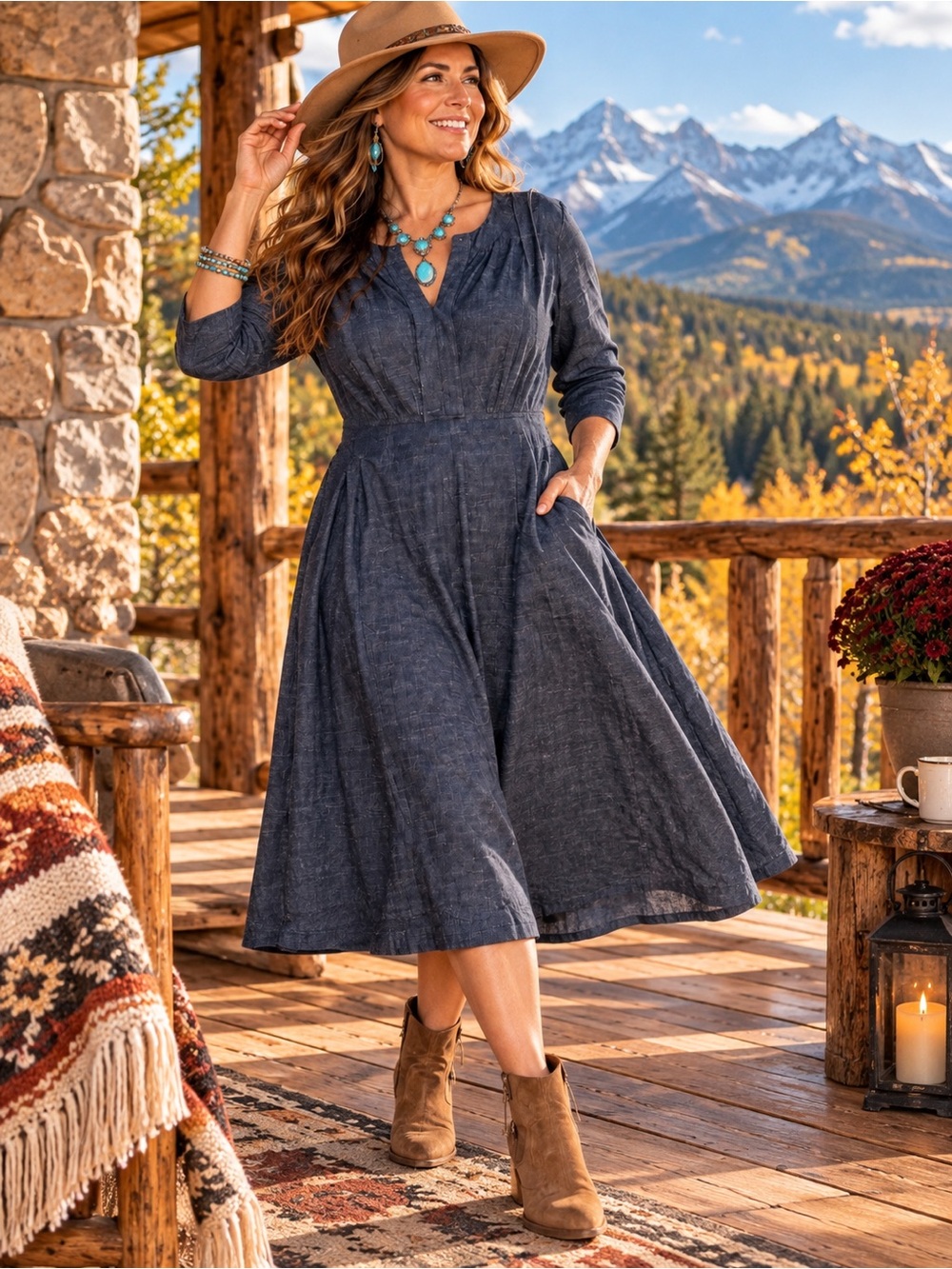 eShakti 100% Cotton Chambray Midi Dress Pockets 3/4 Sleeve 1X/18W